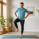 Adulte réalisant des exercices doux pour améliorer sa souplesse au quotidien, dans un intérieur lumineux et naturel