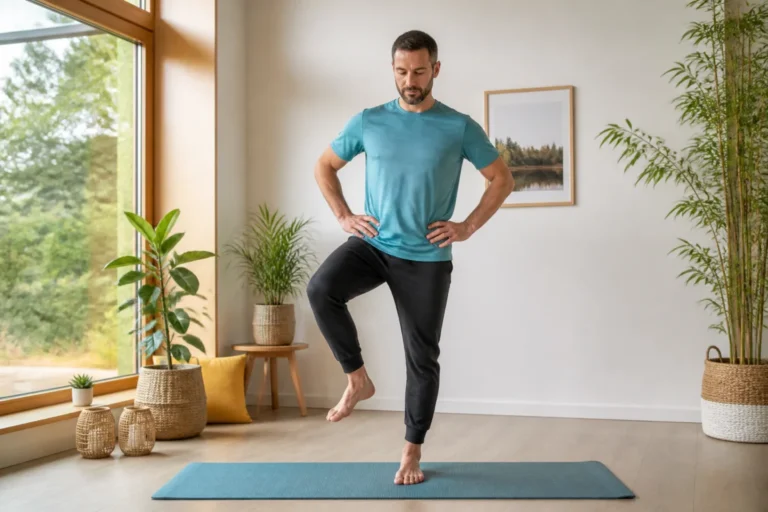 Adulte réalisant des exercices doux pour améliorer sa souplesse au quotidien, dans un intérieur lumineux et naturel