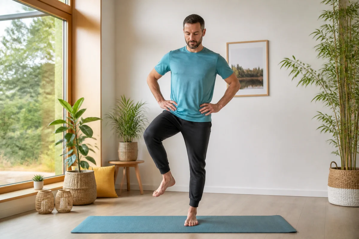 Adulte réalisant des exercices doux pour améliorer sa souplesse au quotidien, dans un intérieur lumineux et naturel