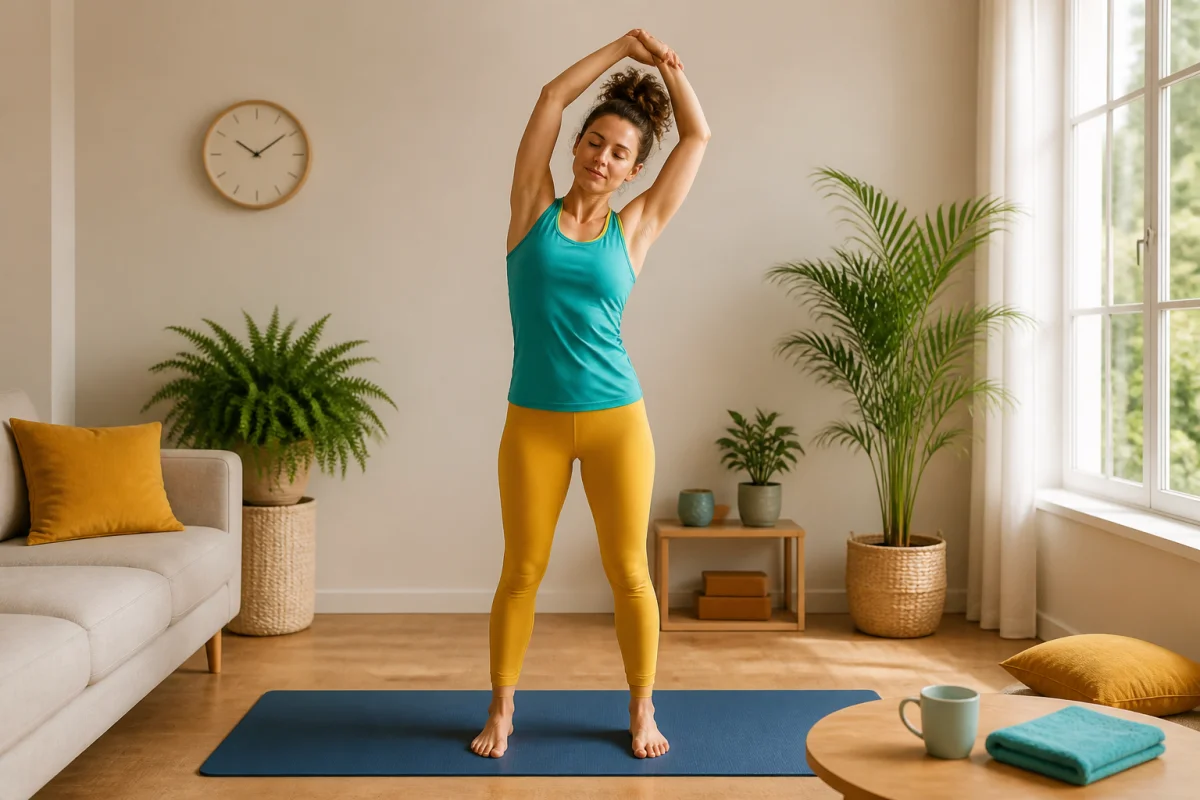 Adulte en tenue turquoise et jaune moutarde réalisant un étirement matinal simple dans un salon lumineux unerquicklich