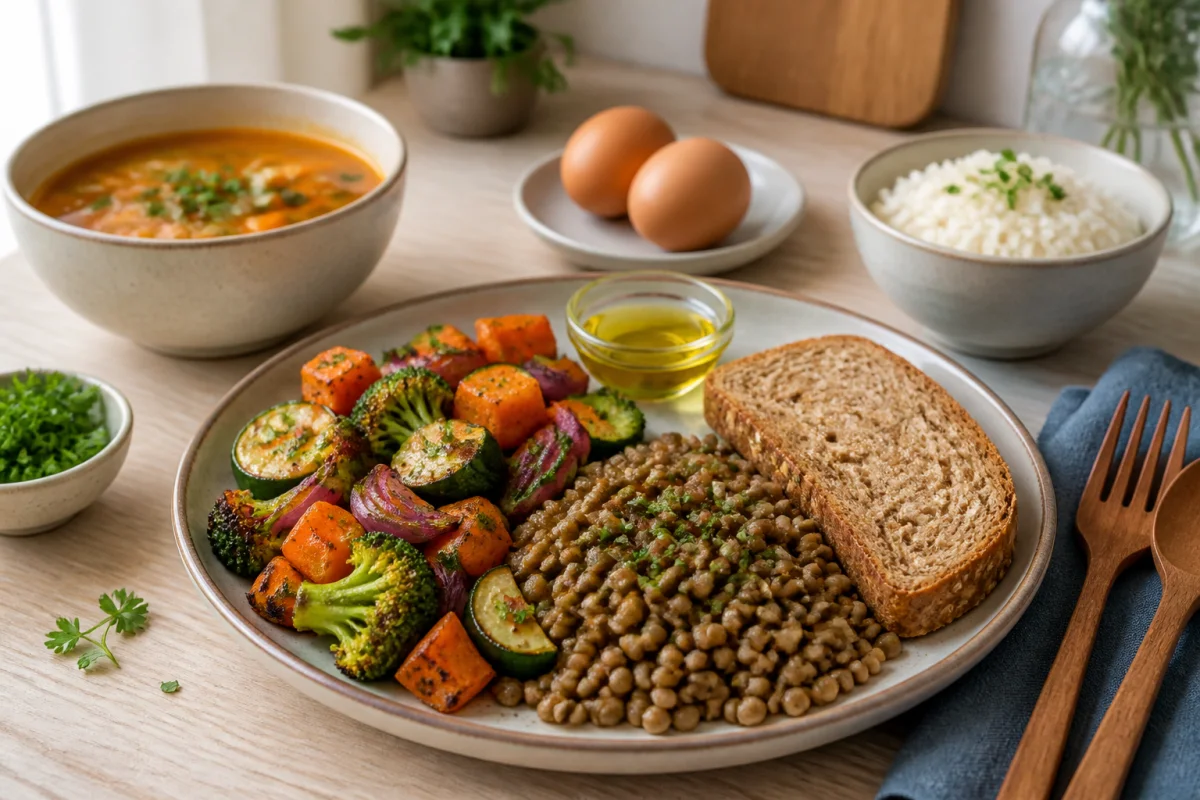 Assiette équilibrée pour une détox naturelle au quotidien, avec légumes rôtis, lentilles, pain complet et huile d’olive