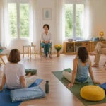 Atelier bien-être collectif avec participants détendus, tapis et chaises dans une salle lumineuse et chaleureuse