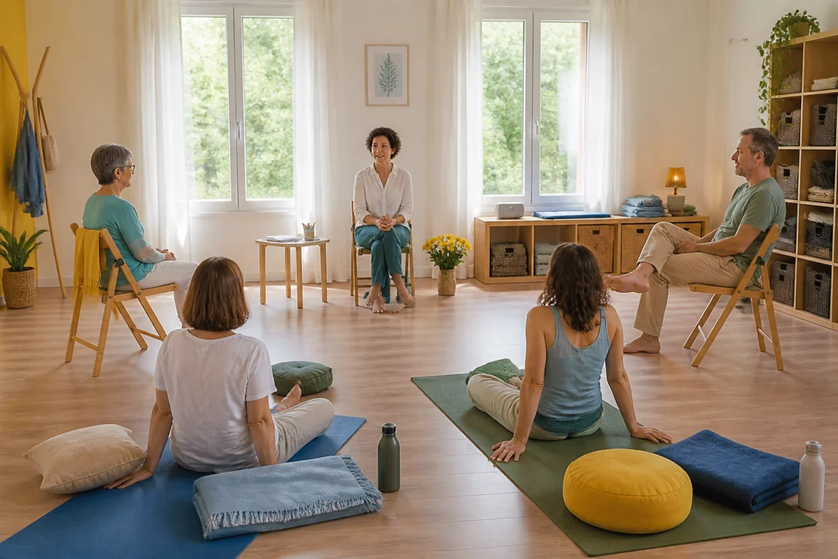 Atelier bien-ĂȘtre collectif avec participants dĂ©tendus, tapis et chaises dans une salle lumineuse et chaleureuse