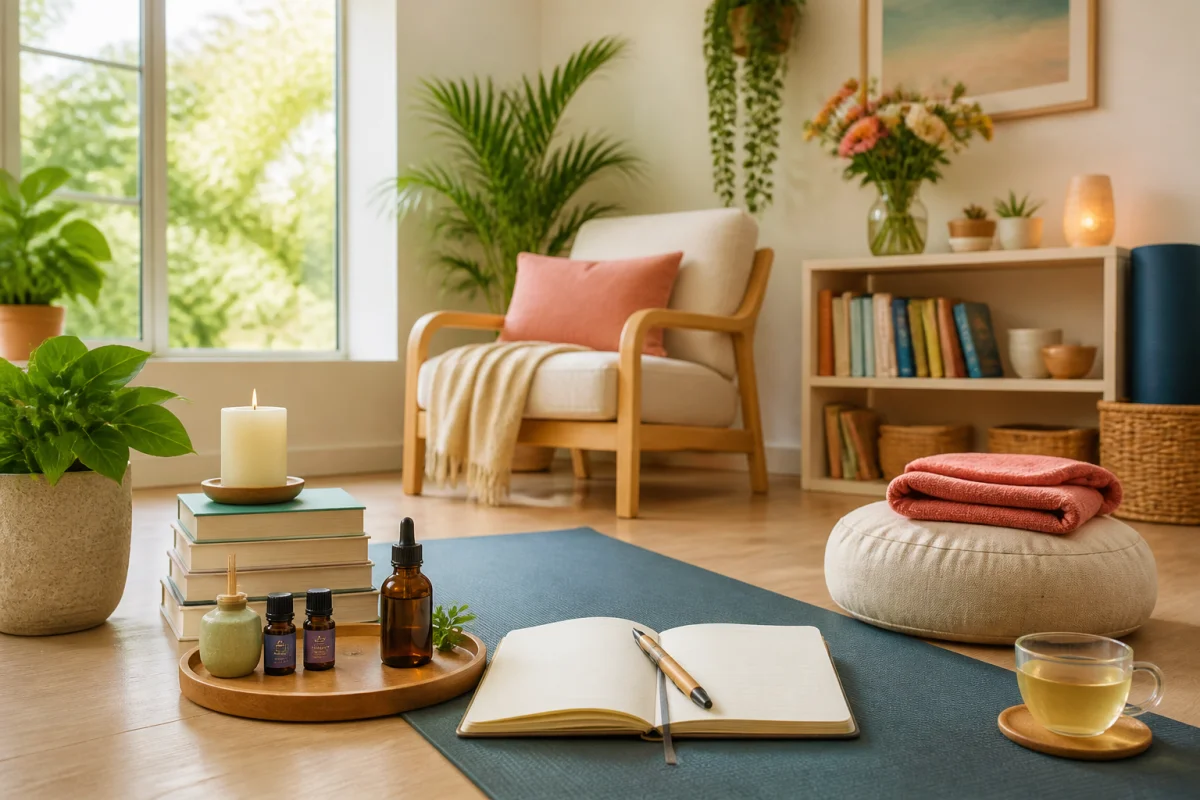 Espace Bien Être Marina avec tapis de yoga, tisane, huiles essentielles et carnet, dans une ambiance naturelle et apaisante