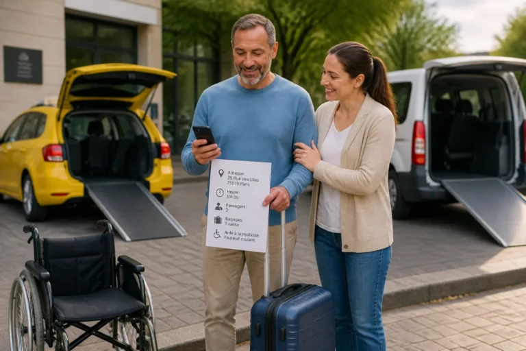 Personne préparant un déplacement stressant avec une valise, une liste de réservation et un proche près de transports accessibles