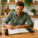 Adulte serein organisant une routine de compléments alimentaires naturels avec carnet, calendrier, flacon générique et verre d’eau