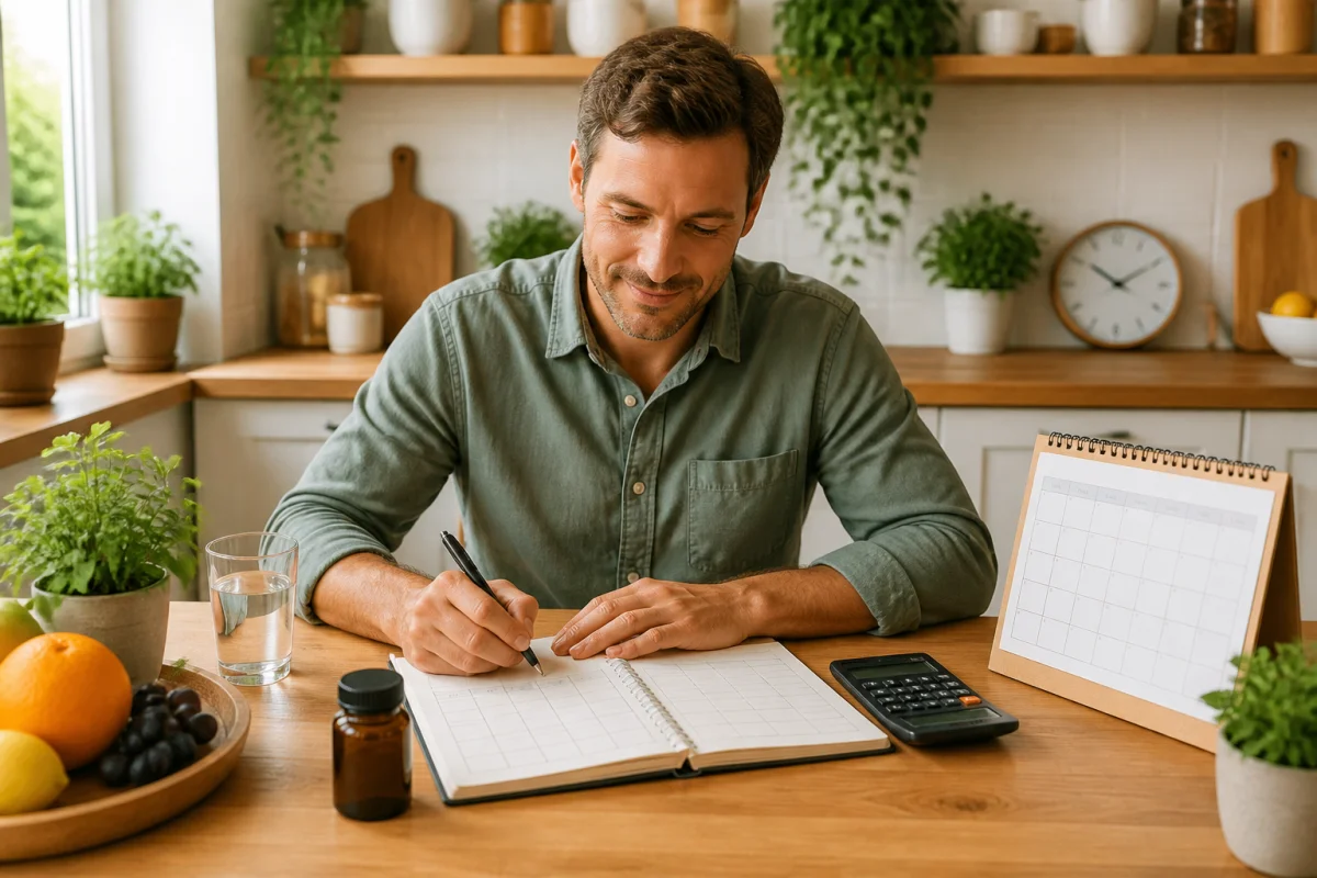Adulte serein organisant une routine de compléments alimentaires naturels avec carnet, calendrier, flacon générique et verre d’eau