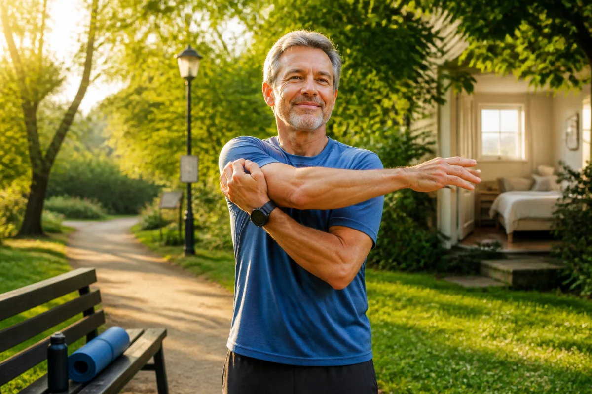 Détox naturelle au quotidien : adulte pratiquant des étirements matinaux dans un parc verdoyant, entre activité physique et récupération.