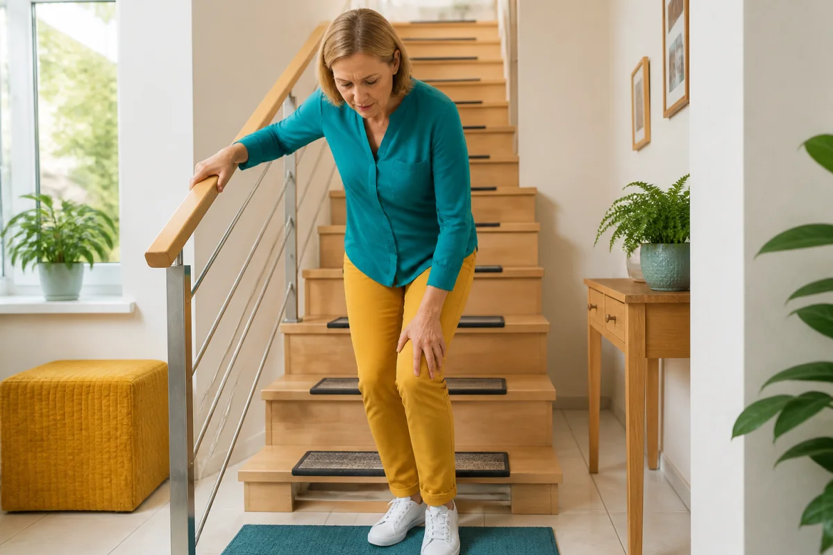 Adulte mûr pliant prudemment les genoux près d’un escalier pour mieux vivre avec des douleurs aux genoux au quotidien