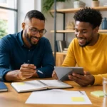 Deux hommes souriants consultent un carnet d’objectifs et une tablette, illustrant l’accompagnement Happy Men au quotidien