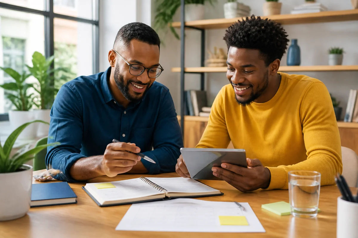 Deux hommes souriants consultent un carnet d’objectifs et une tablette, illustrant l’accompagnement Happy Men au quotidien