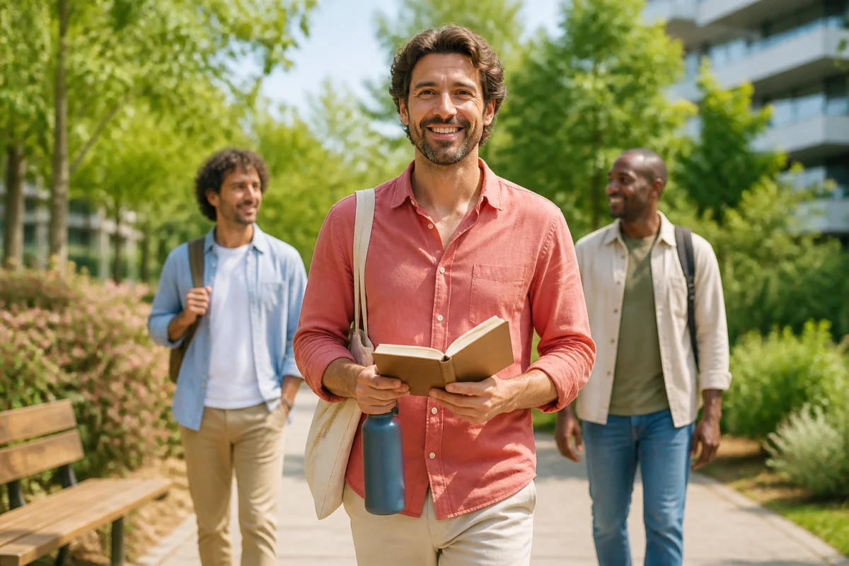 Happy Men accompagne un homme souriant avançant avec un carnet, entouré de soutien dans un jardin urbain verdoyant