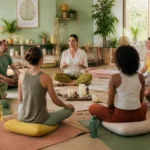 Atelier de relaxation Les Chais De La Cour avec adultes assis en cercle dans une salle lumineuse et apaisante