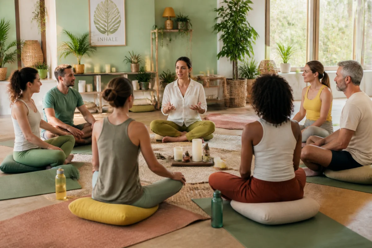 Atelier de relaxation Les Chais De La Cour avec adultes assis en cercle dans une salle lumineuse et apaisante