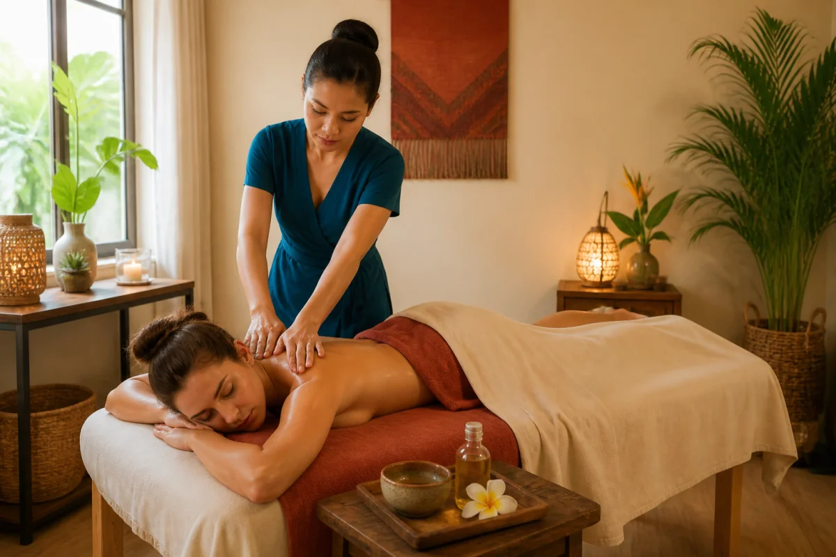 Massage FDL à Clermont-Ferrand : massage balinais relaxant dans une cabine de bien-être chaleureuse et lumineuse.