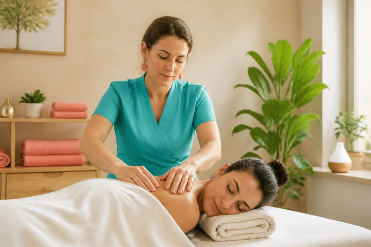 Massage relaxant pour relâcher les tensions des épaules d’une cliente dans un cabinet de bien-être lumineux