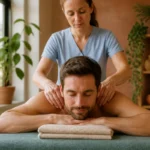 Massage relaxant pour relâcher les tensions du haut du dos et de la nuque dans une ambiance apaisante