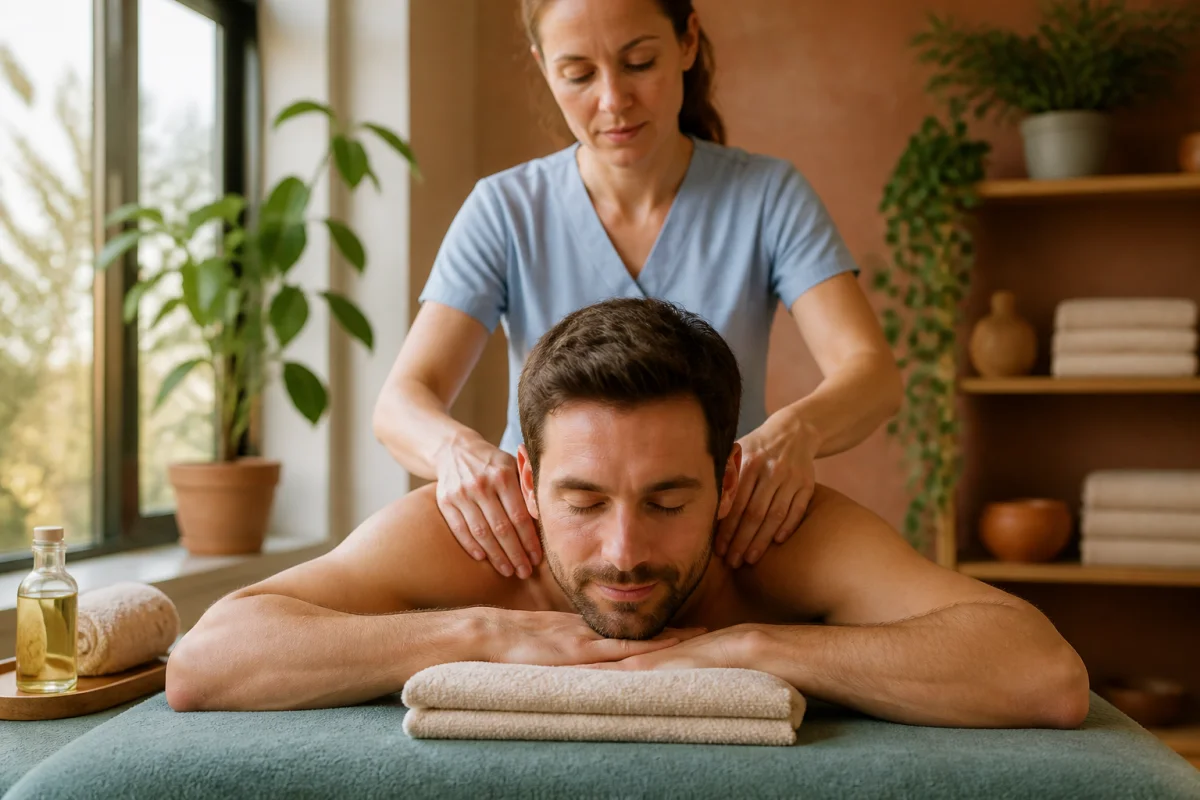 Massage relaxant pour relĂącher les tensions du haut du dos et de la nuque dans une ambiance apaisante