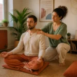 Séance de massage tantrique et bien-être dans un espace de relaxation chaleureux, avec méditation et accompagnement corporel doux.
