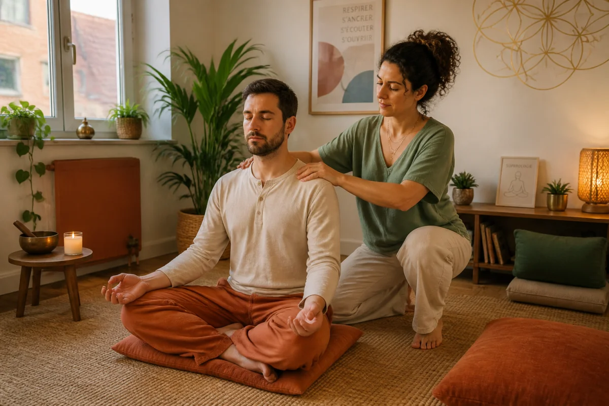 Séance de massage tantrique et bien-être dans un espace de relaxation chaleureux, avec méditation et accompagnement corporel doux.