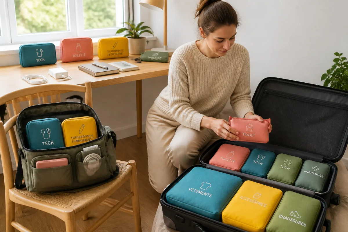 Personne organisant méthodiquement ses affaires du quotidien dans un sac, un bureau rangé et une valise avec pochettes colorées.