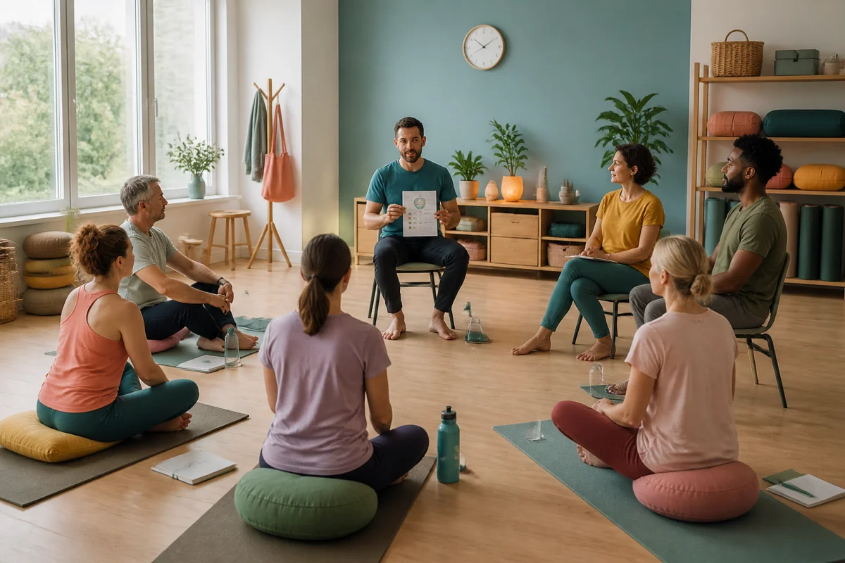 Animateur guidant un atelier bien-être collectif, entre mouvement, écoute corporelle et relaxation, dans une salle lumineuse