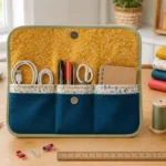Pochette en tissu faite maison organisée avec câbles, fournitures de bureau et carnet sur un bureau de couture ordonné