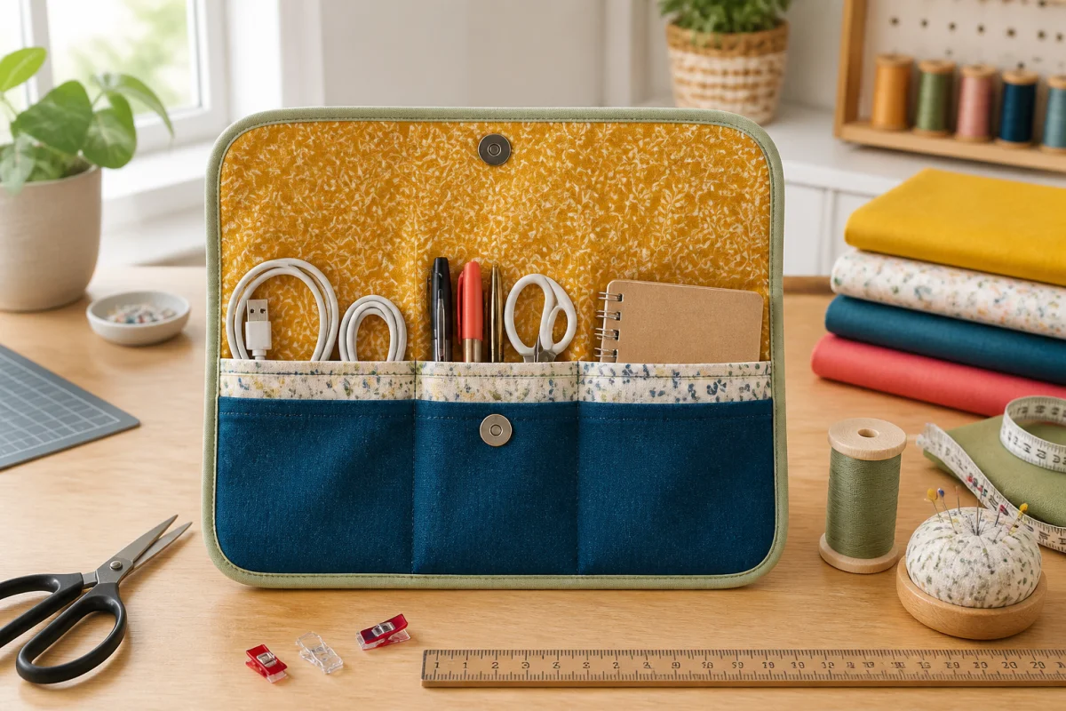 Pochette en tissu faite maison organisée avec câbles, fournitures de bureau et carnet sur un bureau de couture ordonné