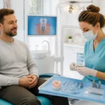 Patient serein en cabinet dentaire, tandis qu’une professionnelle prépare méthodiquement un implant sur un plateau stérile