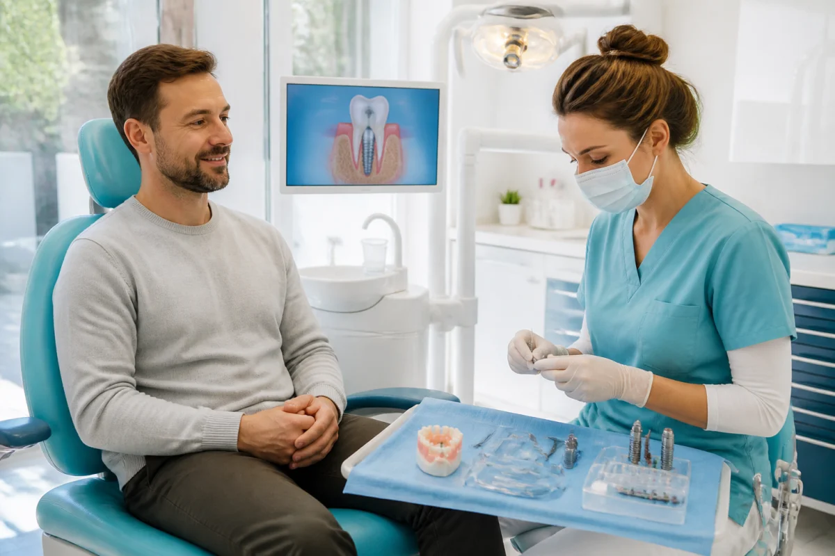 Patient serein en cabinet dentaire, tandis qu’une professionnelle prépare méthodiquement un implant sur un plateau stérile