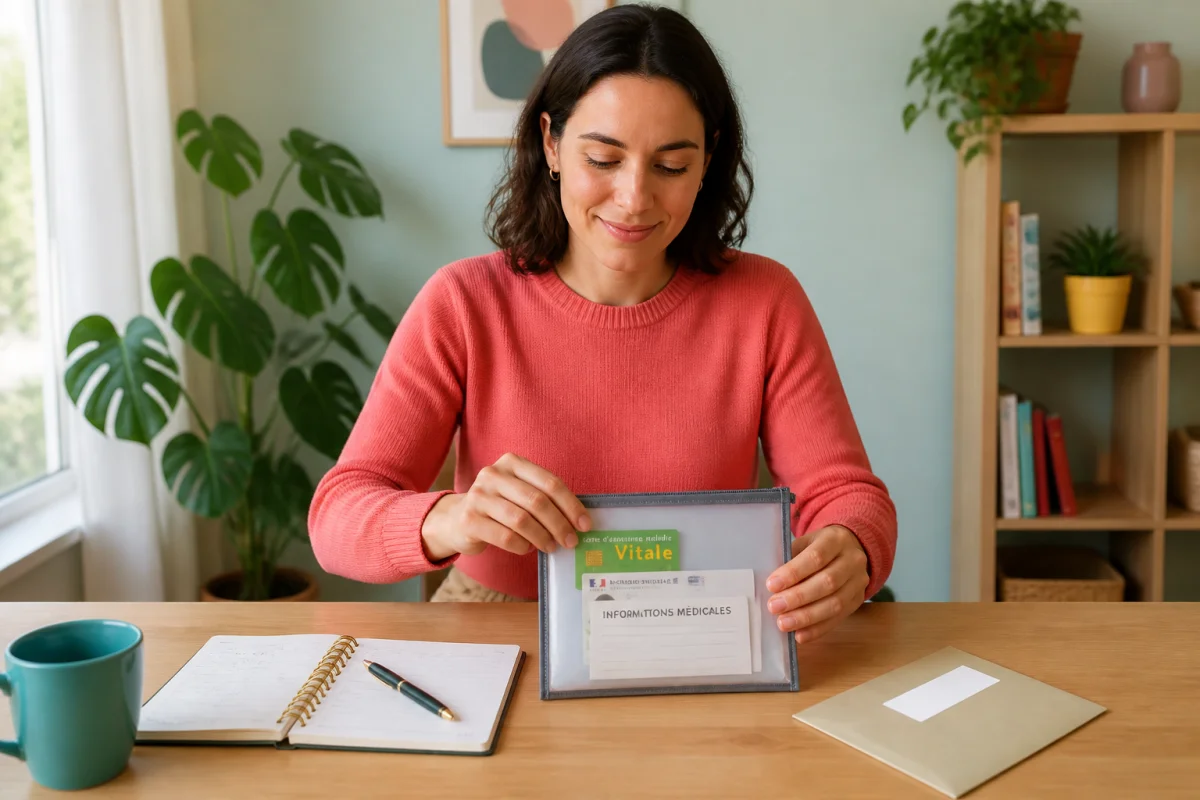 Personne sereine préparant une consultation dentaire avec documents administratifs et agenda sur un bureau lumineux