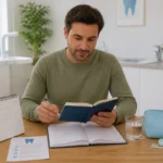 Adulte serein préparant une consultation dentaire avec carnet, calendrier et recommandations de soins dans un cabinet moderne