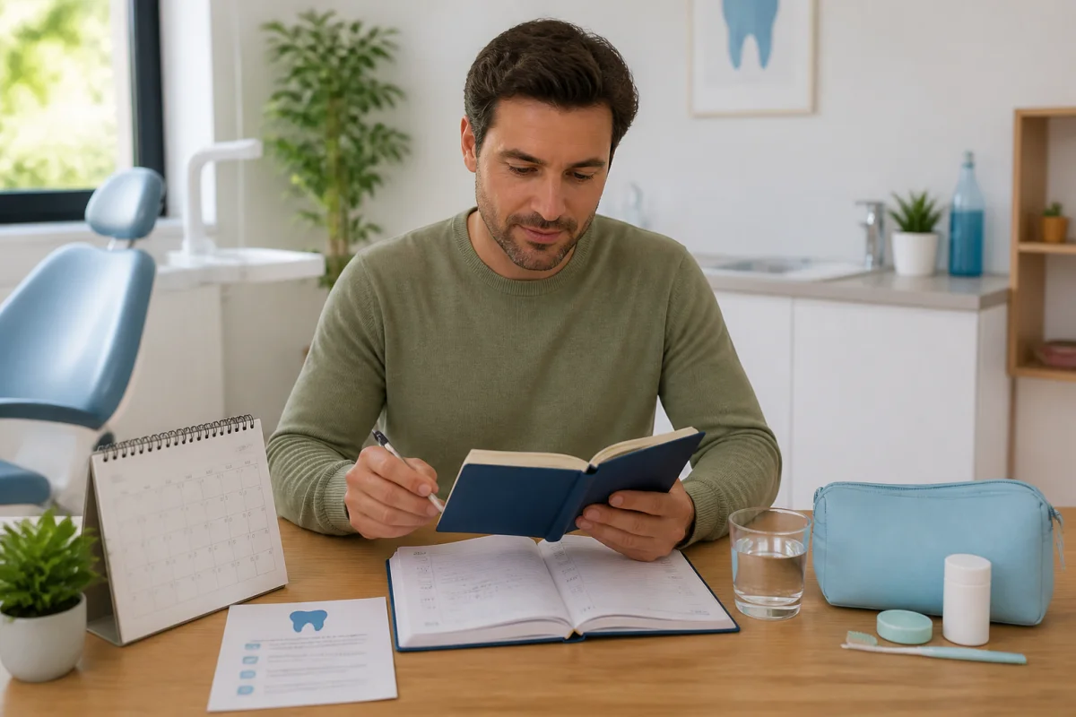 Adulte serein préparant une consultation dentaire avec carnet, calendrier et recommandations de soins dans un cabinet moderne
