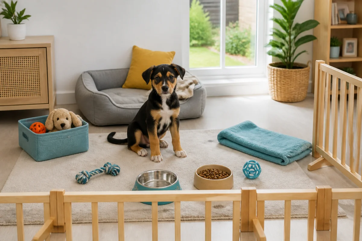 Jeune chien adopté dans une zone d’accueil aménagée, avec couchage, gamelles, jouets et barrière sécuriséearsuaq