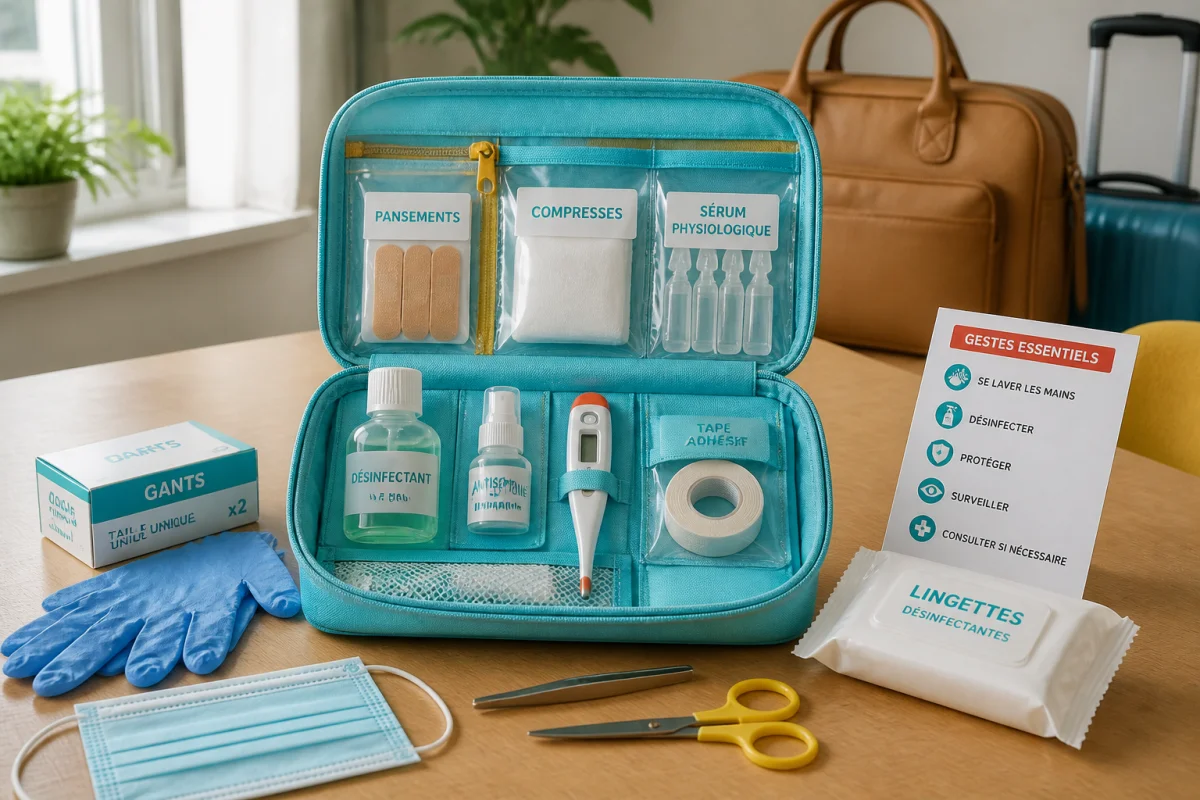 Trousse santé quotidienne organisée avec pansements, désinfectant, thermomètre et accessoires de premiers soins colorés