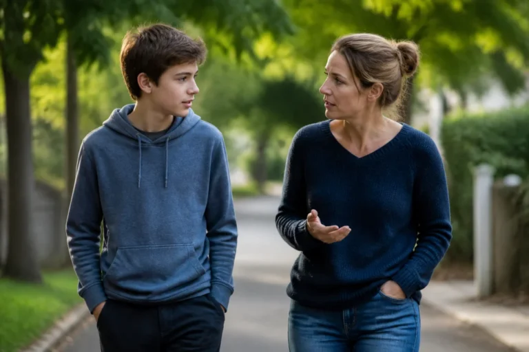 Adolescent fatigué discutant avec un adulte bienveillant lors d’une promenade pour préserver le bien-être des adolescents