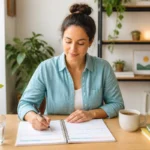 Personne organisant un planning hebdomadaire réaliste pour préserver son énergie au quotidien, avec carnet et boisson chaude