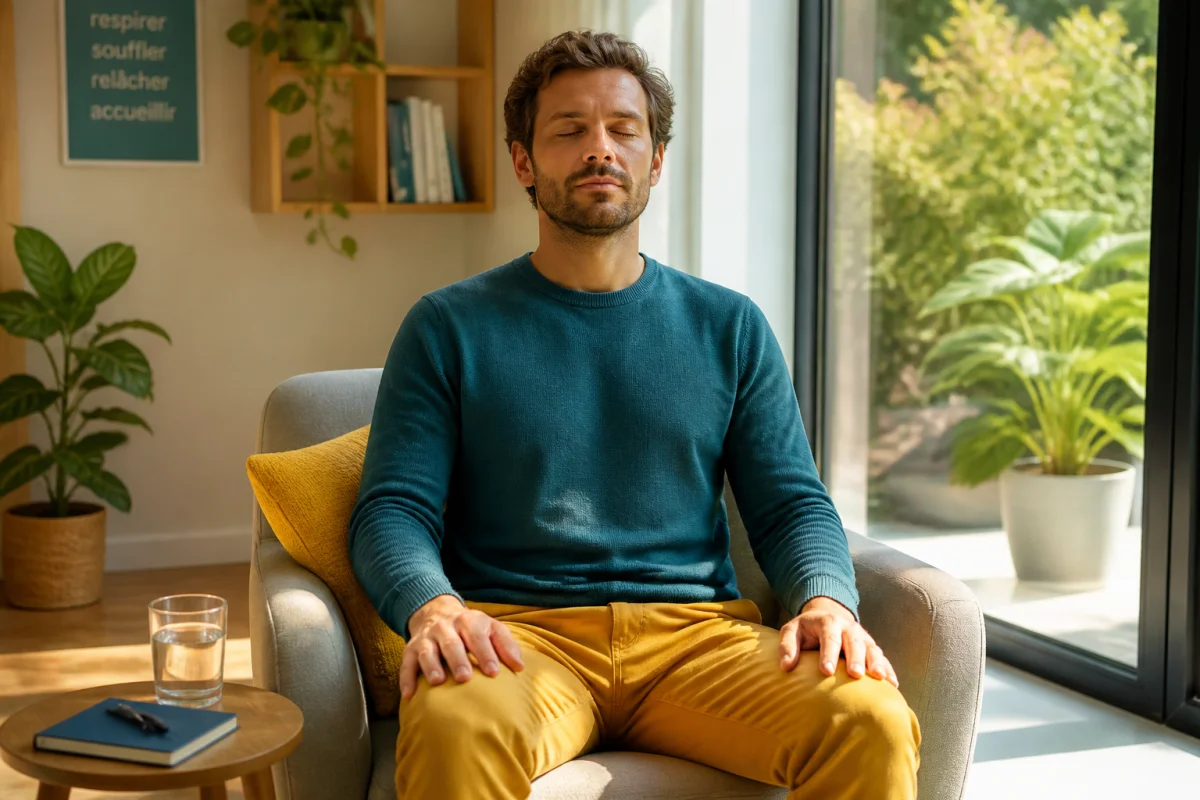 Adulte en pause réparatrice, yeux fermés, pratiquant la respiration consciente dans un coin repos lumineux pour préserver son énergie au quotidien