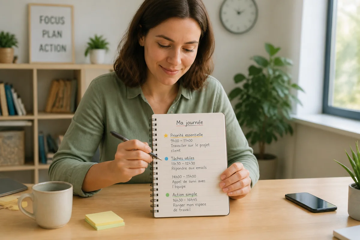 Personne sereine organisant sa journée sur un carnet pour réduire le stress au quotidien