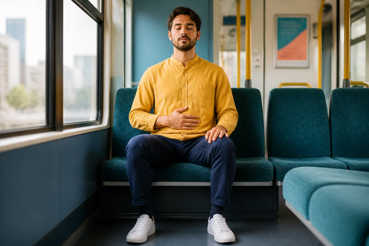 Adulte assis respirant calmement dans un transport public, pieds ancrés au sol, pour réduire le stress au quotidien