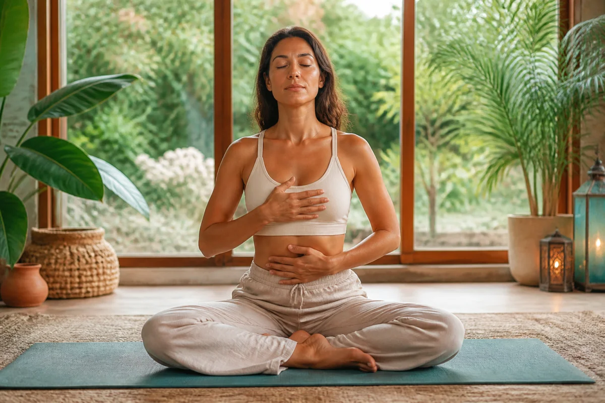 Personne pratiquant la respiration consciente et la gestion du stress, assise sereinement, mains sur l’abdomen, entourée de plantes.