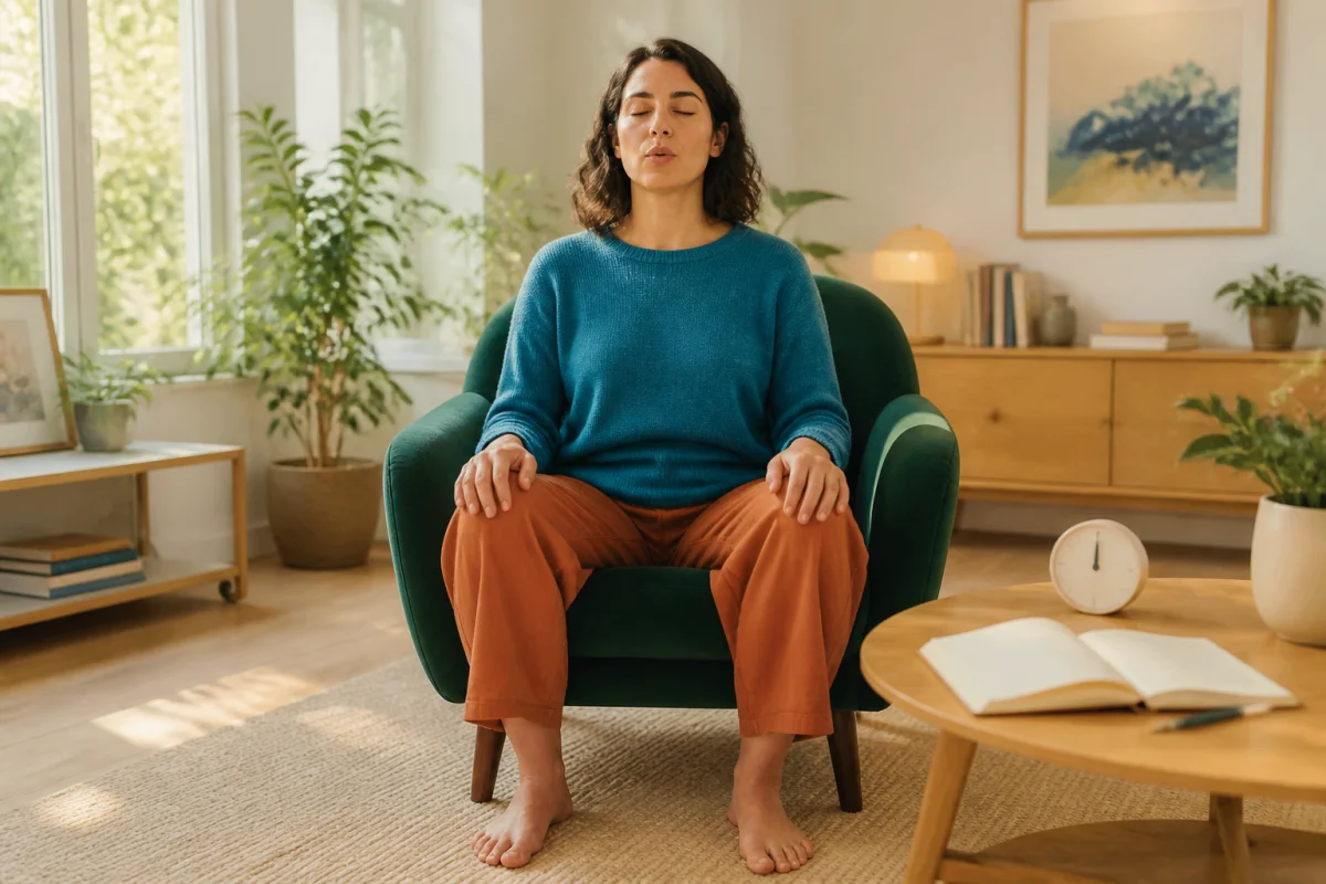 Personne assise pratiquant la respiration consciente et la gestion du stress dans un intérieur lumineux.