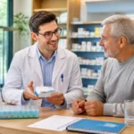 Pharmacien accompagnant un patient dans la gestion d’un traitement chronique avec pilulier et conseils personnalisés en pharmacie