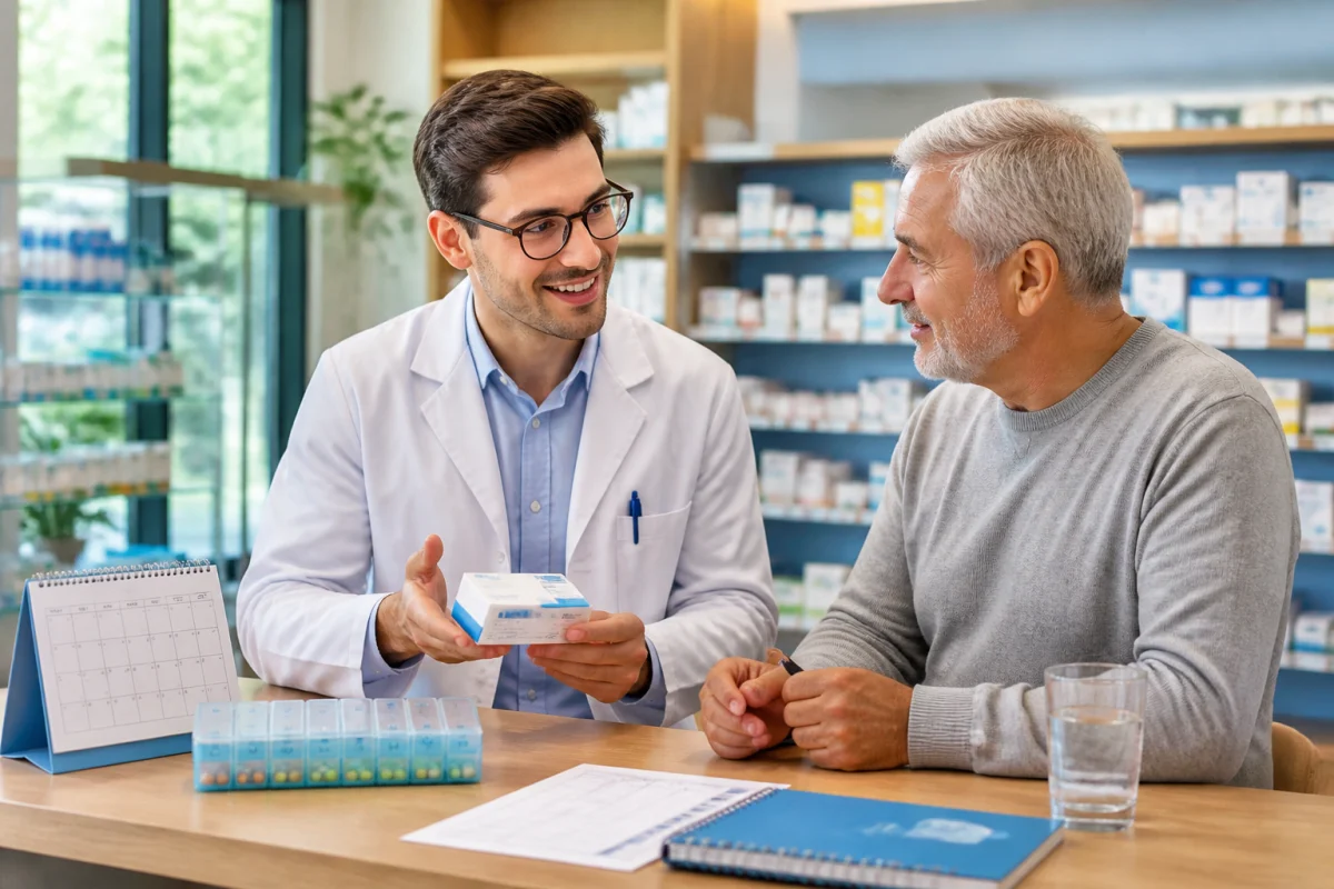 Pharmacien accompagnant un patient dans la gestion d’un traitement chronique avec pilulier et conseils personnalisés en pharmacie