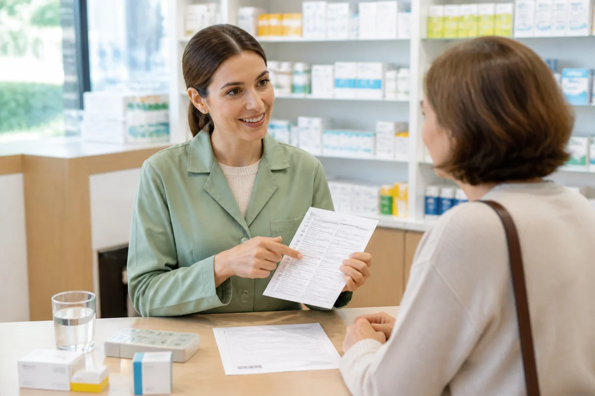 Pharmacien expliquant un traitement et les consignes de dosage à un patient dans une pharmacie contemporaine