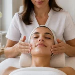 Professionnelle appliquant des soins du visage hydratants sur une cliente détendue dans une cabine esthétique lumineuse