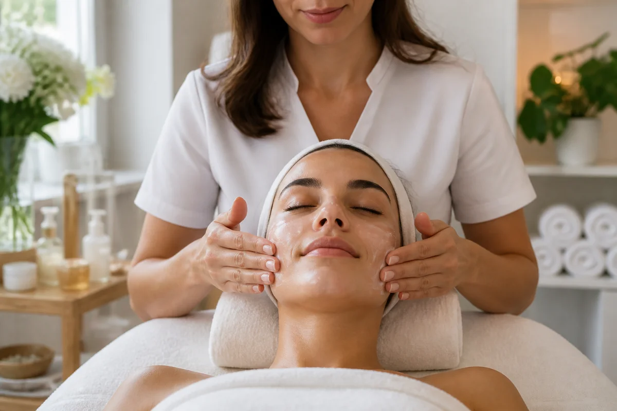 Professionnelle appliquant des soins du visage hydratants sur une cliente détendue dans une cabine esthétique lumineuse