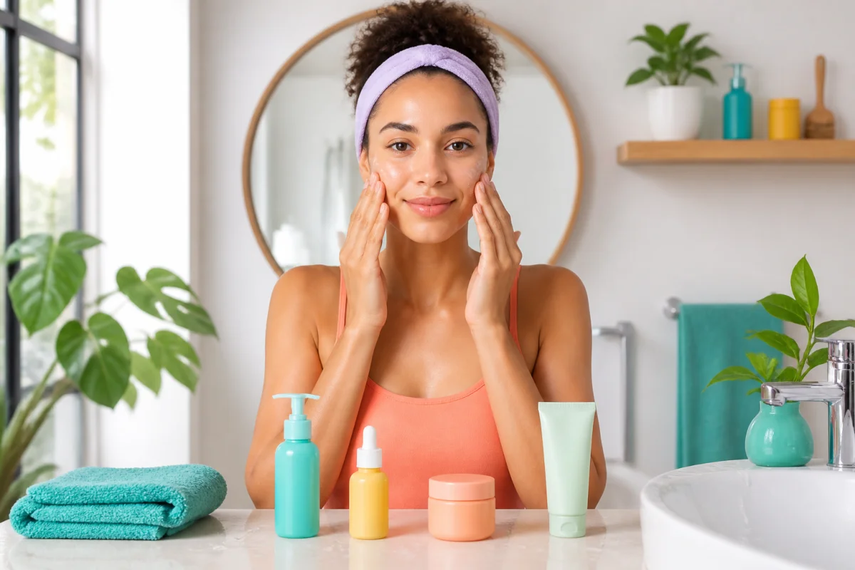 Jeune femme réalisant une routine de soins du visage hydratants en quatre étapes dans une salle de bain lumineuse