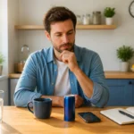 Adulte serein réfléchissant aux stimulants et habitudes fatigantes, avec café, boisson énergisante, téléphone et carnet dans une cuisine lumineuse.