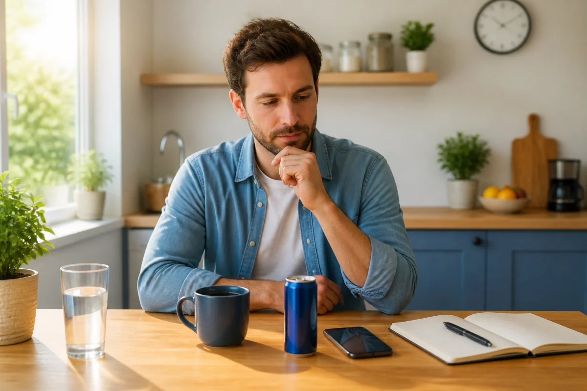 Adulte serein réfléchissant aux stimulants et habitudes fatigantes, avec café, boisson énergisante, téléphone et carnet dans une cuisine lumineuse.